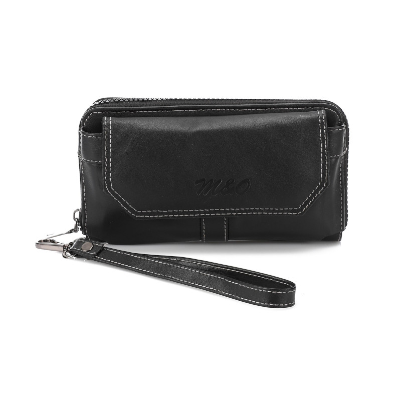 Genuine Leather Clutch Wallet, Nabba Leather, Zipper Pocket with Card Holders and Hand Strap- black