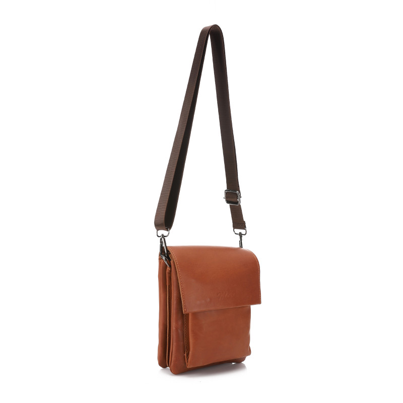 حقيبة جلدية صغيرة بحزام طويل للرجال، جلد طبيعي، لون هافان، بسحاب وإغلاق مغناطيسي